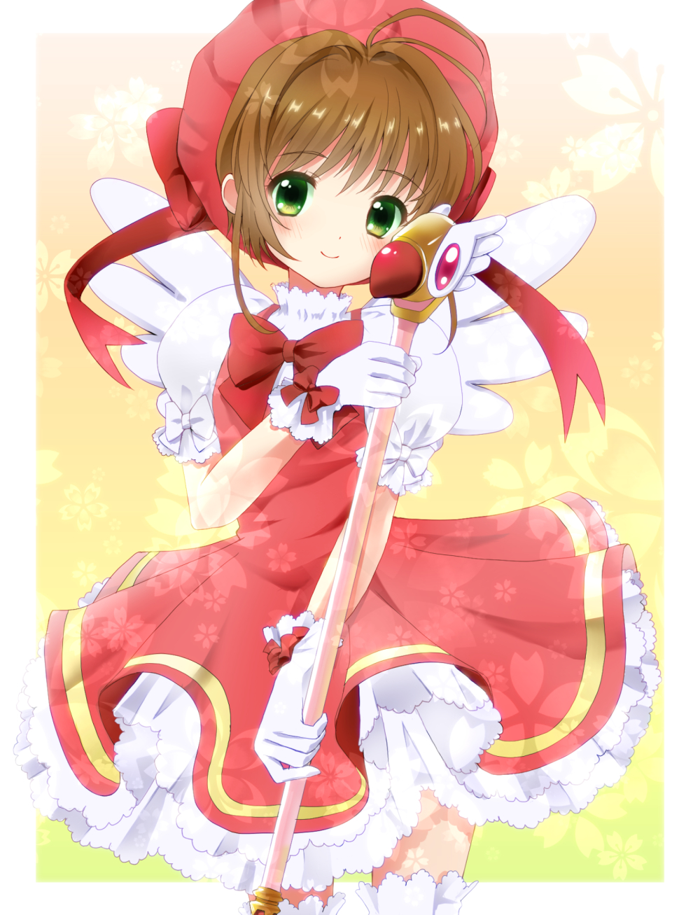 1girl, brown_hair, cardcaptor_sakura, frilled_skirt, frills, fuuin_no_tsue, gloves, green_eyes