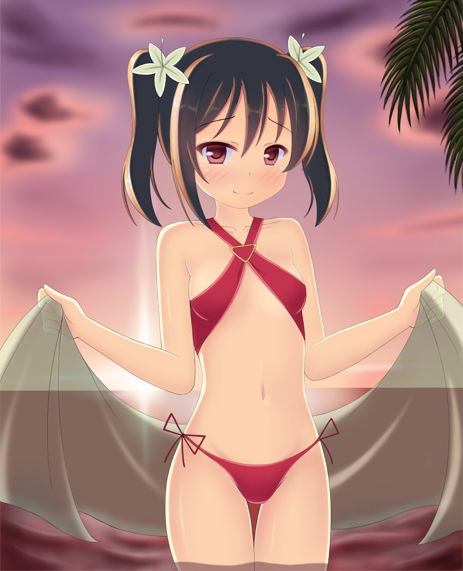 1girl, bikini, black_hair, blush, bow, hair_bow, katsushi, looking_at_viewer, love_live!_school_idol_project, red_eyes, short_hair, smile, solo, swimsuit, twin_tails, yazawa_nico