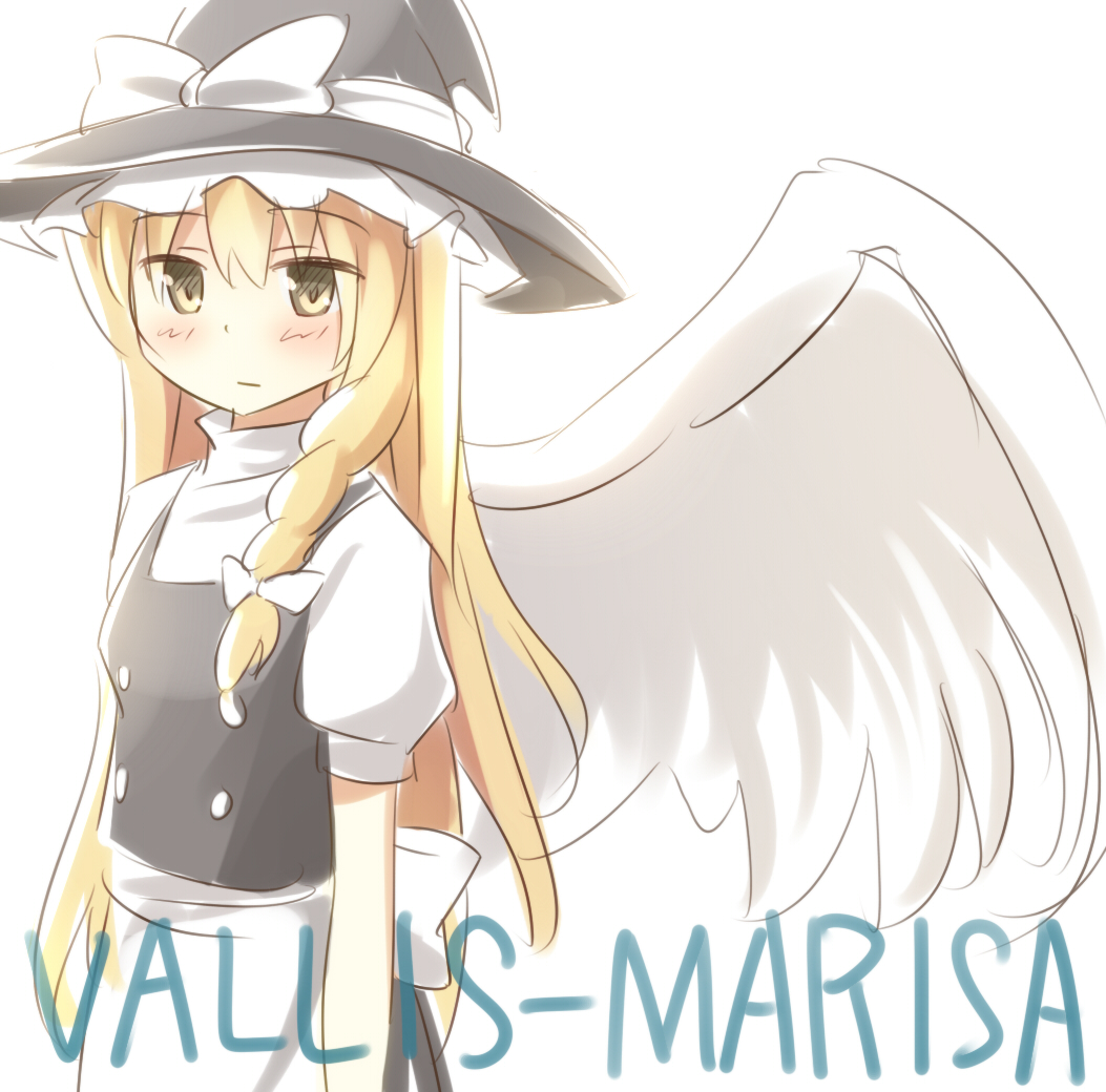 1girl, angel_wings, apron, blonde_hair, blush, bow, braid, dress