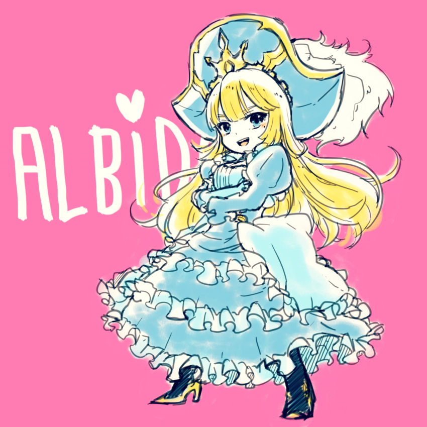 1girl, awilda_(p&amp;d), blonde_hair, blue_dress, blue_eyes, blue_hat, blue_legwear, blush