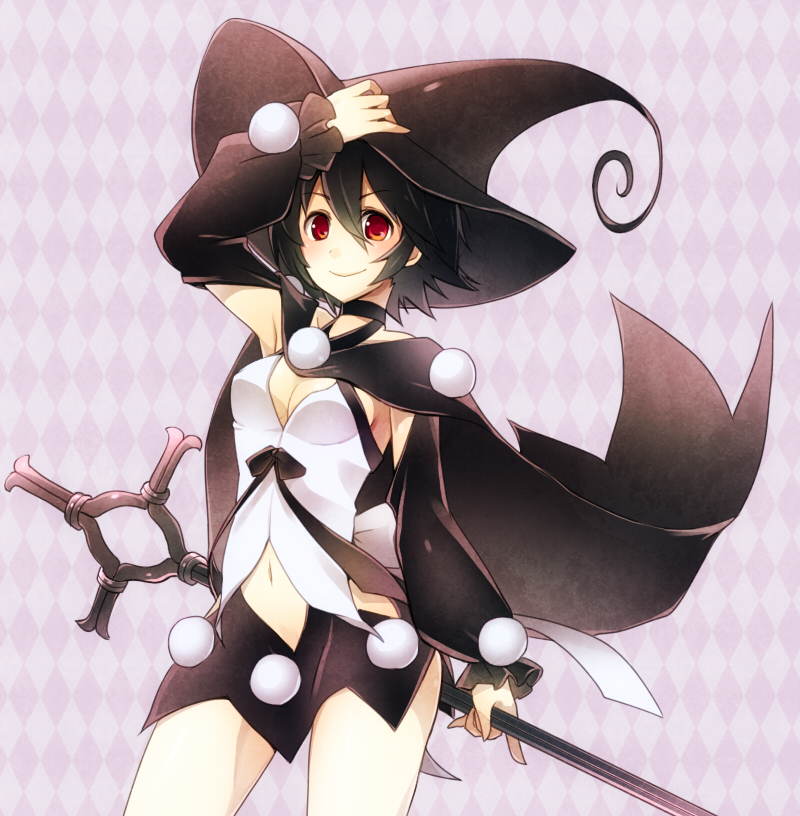 1girl, adjusting_clothes, adjusting_hat, argyle, argyle_background, arm_warmers, black_hair, breasts