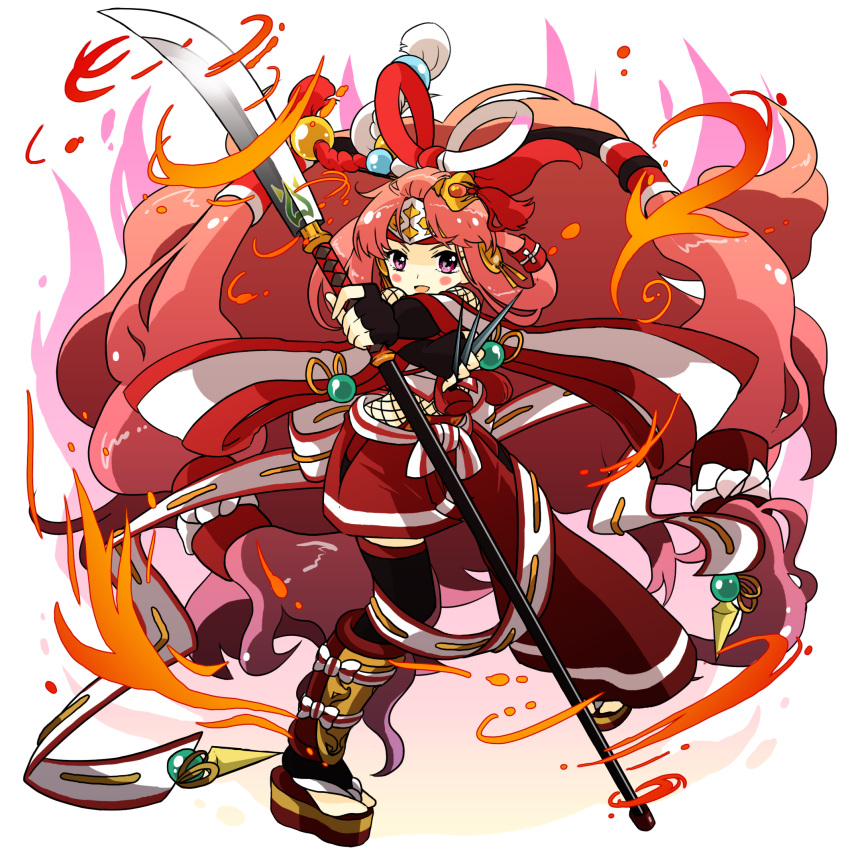 >:d, 1girl, :d, bangs_pinned_back, bare_shoulders, between_fingers, black_gloves, black_legwear, blush_stickers, bow, chiyome_(p&amp;d), elbow_gloves, fingerless_gloves, fire, fishnets, full_body, gloves, hair_ornament, hair_ribbon, hair_stick, hair_tubes, headband, highres, holding, holding_weapon, kunai, long_hair, naginata, open_mouth, pikomarie, pink_hair, polearm, puzzle_&amp;_dragons, red_skirt, ribbon, sandals, simple_background, skirt, smile, solo, thigh-highs, violet_eyes, weapon, white_background, white_bow, white_ribbon, zettai_ryouiki