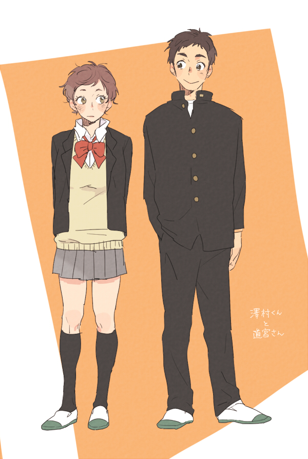 1boy, 1girl, black_hair, blush, brown_hair, haikyuu!!, michimiya_yui, mikkabouzu_(kisarisa)