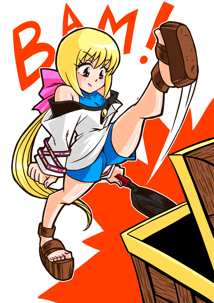 blonde_hair, bow, frying_pan, kick, kicking, kyo_akemori, leg_up, linear_cannon, long_sleeves, onomatopoeia, ponytail, red_eyes, ribbon, sandals, shinkisekai_evolution, treasure_chest, weapon