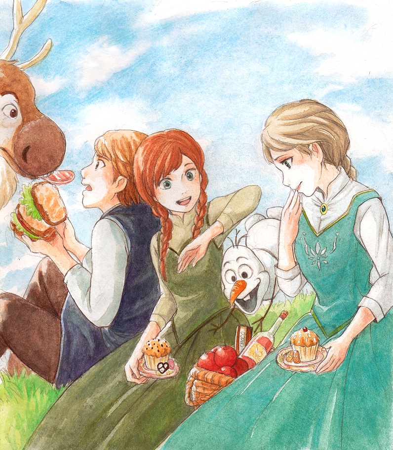 1boy, 2girls, alcohol, anna_(frozen), apple, blonde_hair, blue_eyes, blush, braid, clouds, cupcake, dress, eating, elsa_(frozen), food, frozen_(disney), fruit, kristoff_(frozen), long_hair, multiple_girls, olaf_(frozen), redhead, sandwich, siblings, single_braid, sisters, sitting, smile, snowman, sven_(frozen), tatta_(tarako2010), traditional_media, twin_braids, wine