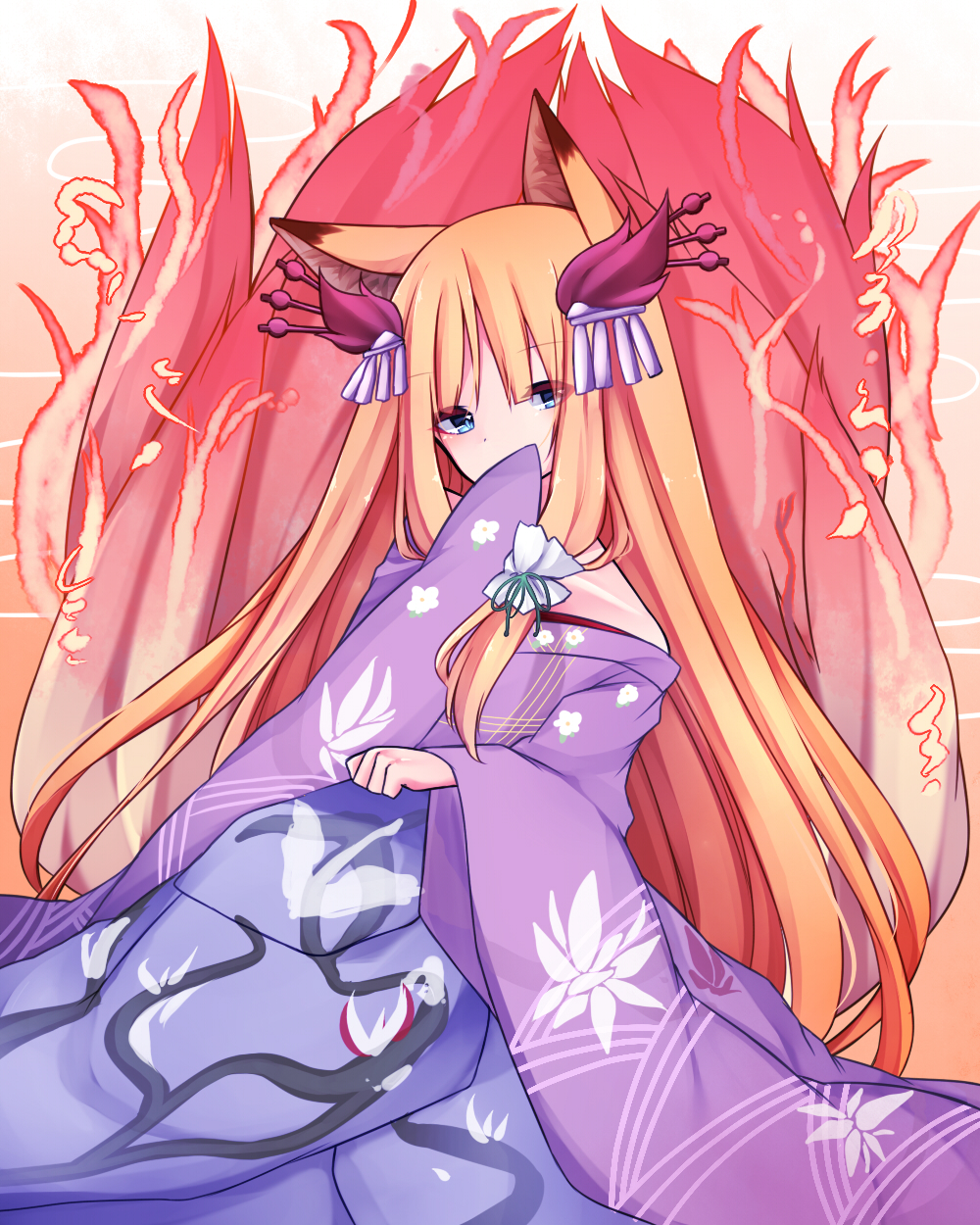 1girl, a-iueo, animal_ears, bare_shoulders, blonde_hair, blue_eyes, blush, covering_mouth