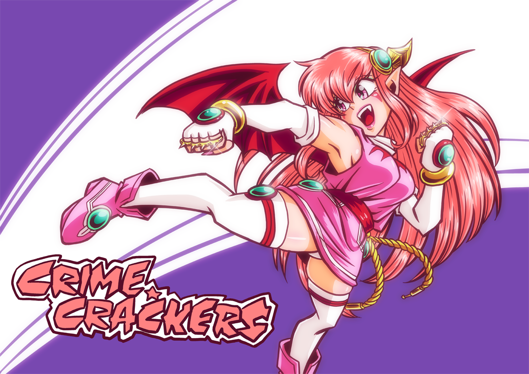 bare_shoulders, bracers, brass_knuckles, crime_crackers, crown, demon_wings, elf, facial_mark