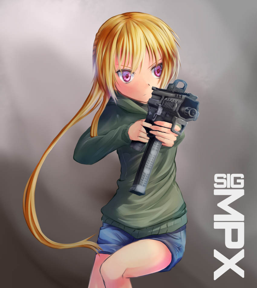 1girl, blonde_hair, denim, denim_shorts, dreadtie, gun, highres, hoodie, jessica_jefferson, long_hair, original, ponytail, red_eyes, shorts, sig_mpx, solo, very_long_hair, weapon
