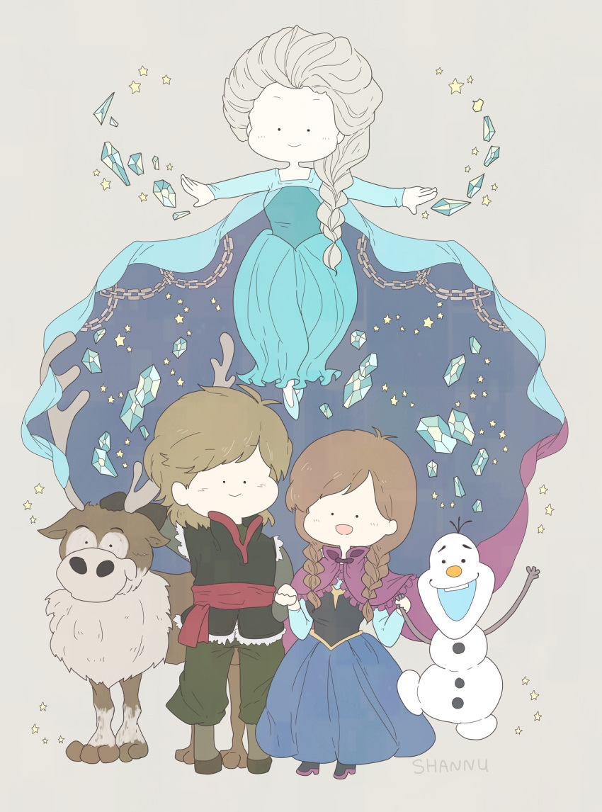1boy, 2girls, anna_(frozen), blonde_hair, braid, capelet, dress, elsa_(frozen)