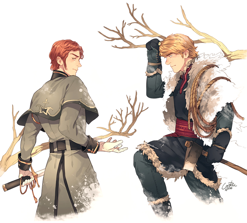 2boys, axe, blonde_hair, blue_eyes, branch, brown_eyes, capelet, cooru