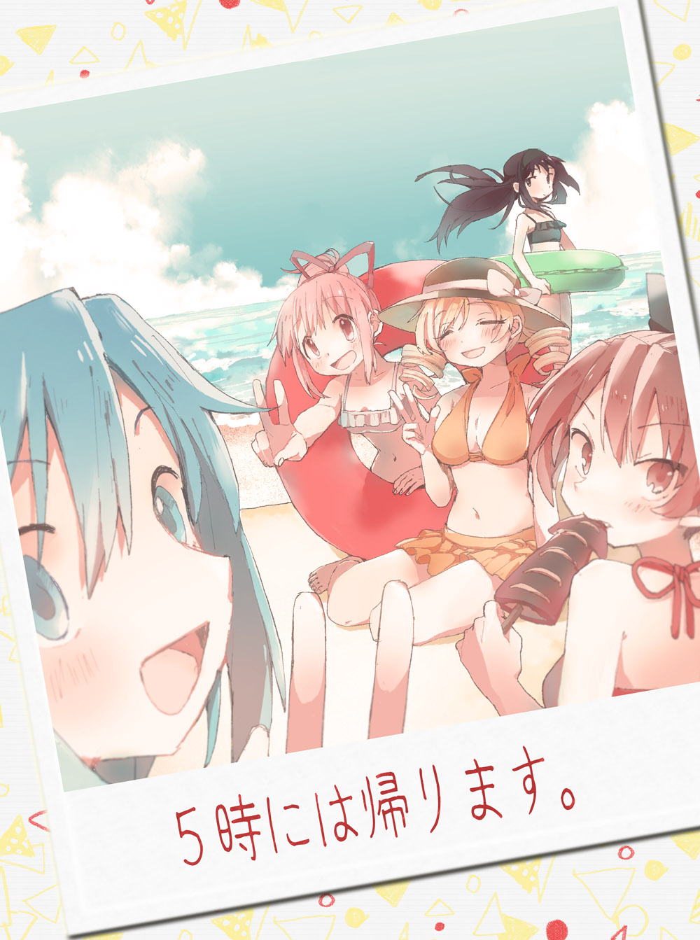 5girls, akemi_homura, alternate_hairstyle, beach, bikini, black_eyes, black_hair, blonde_hair, blue_eyes, blue_hair, bow, drill_hair, food, frilled_bikini, frills, hair_bow, hair_ribbon, hairband, hat, highres, ikayaki, innertube, kaname_madoka, long_hair, mahou_shoujo_madoka_magica, miki_sayaka, multiple_girls, ocean, ogi_(sham00), open_mouth, photo_(object), ponytail, red_eyes, redhead, ribbon, sakura_kyouko, shor_hair, smile, swimsuit, tagme, tomoe_mami, twin_drills, v