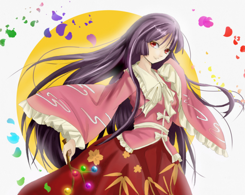 1girl, black_hair, branch, floral_print, frilled_shirt, full_moon, heisotsu_(otanushi), hime_cut