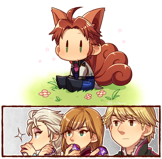 2boys, 2girls, animal_ears, anna_(frozen), blonde_hair, blue_eyes, braid, brown_eyes