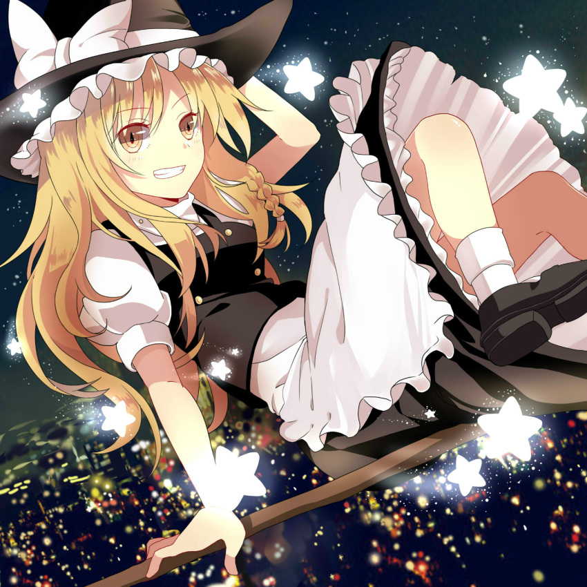 1girl, apron, arm_support, aru_(iceland), blonde_hair, bow, braid, broom, broom_riding, cityscape, dress, frilled_skirt, frills, grin, hair_bow, hand_on_headwear, hat, hat_bow, highres, kirisame_marisa, long_hair, looking_at_viewer, puffy_short_sleeves, puffy_sleeves, reclining, short_sleeves, single_braid, skirt, smile, solo, star, touhou, turtleneck, waist_apron, witch_hat, yellow_eyes