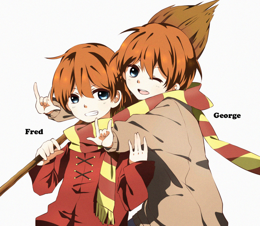 2boys, \m/, aru_(iceland), blue_eyes, broom, brothers, brown_coat, character_name