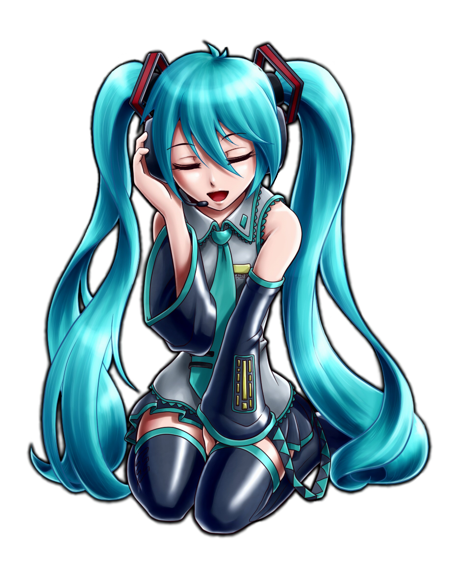 alvares, aqua_hair, between_legs, black_legwear, closed_eyes, detached_sleeves, hand_between_legs, hatsune_miku, headphones, headset, long_hair, microphone, necktie, open_mouth, pleated_skirt, seiza, simple_background, sitting, skirt, thigh-highs, twintails, very_long_hair, vocaloid, white_background, zettai_ryouiki