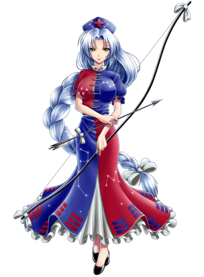 1girl, absurdly_long_hair, alvares, arrow, bow, bow_(weapon), braid, breasts