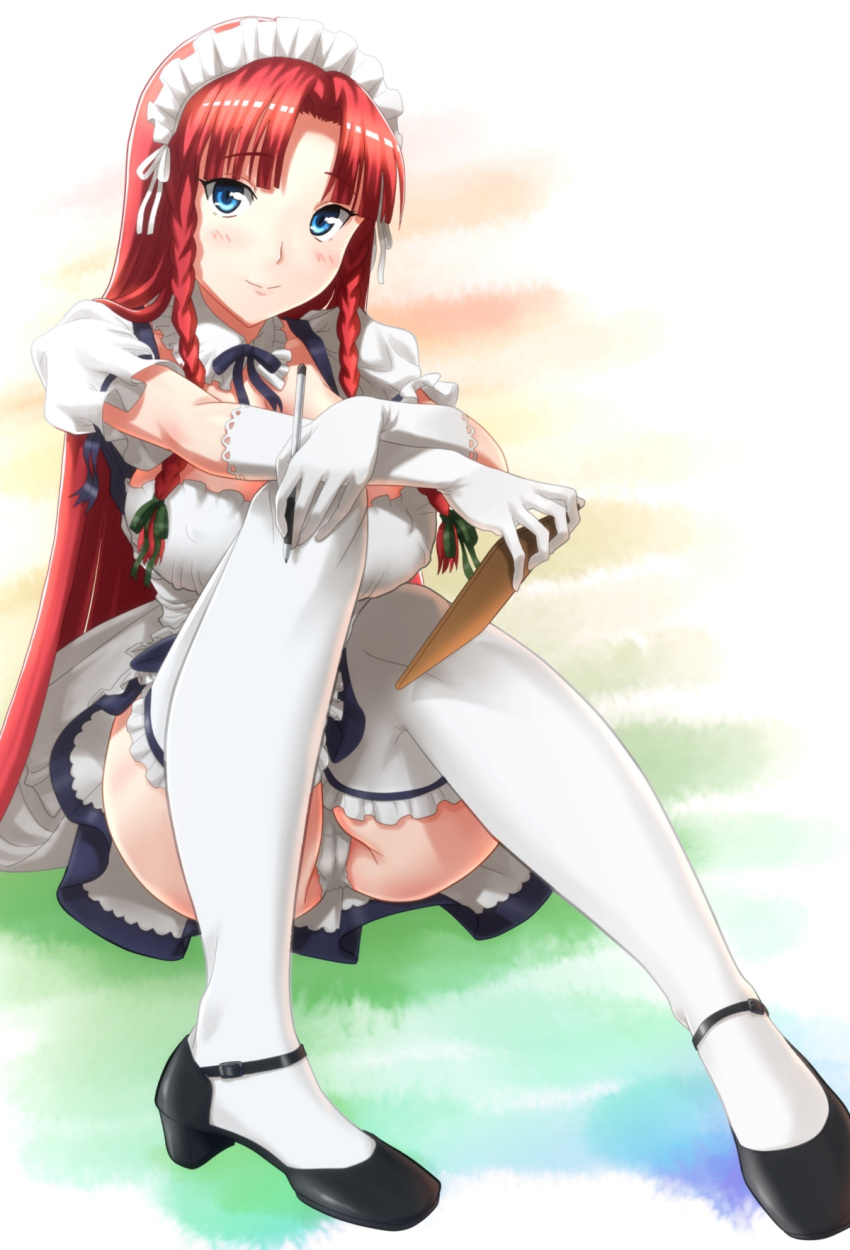 1girl, alternate_costume, blue_eyes, blush, breasts, clipboard, detached_collar, elbow_gloves, enmaided, female, gloves, highres, hong_meiling, kezune_(i-_-i), knees_together_feet_apart, long_hair, looking_at_viewer, maid, maid_headdress, panties, pantyshot, pantyshot_(sitting), pen, pigeon-toed, redhead, sitting, smile, solo, thigh-highs, touhou, underwear, very_long_hair, white_gloves, white_legwear, white_panties
