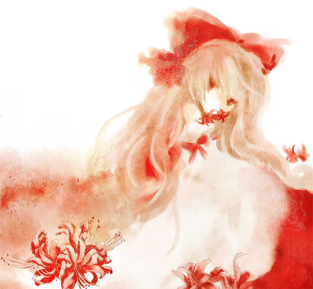 brown_hair, detached_sleeves, flower, hair_ribbon, hakurei_reimu, higanbana, long_hair, red_eyes