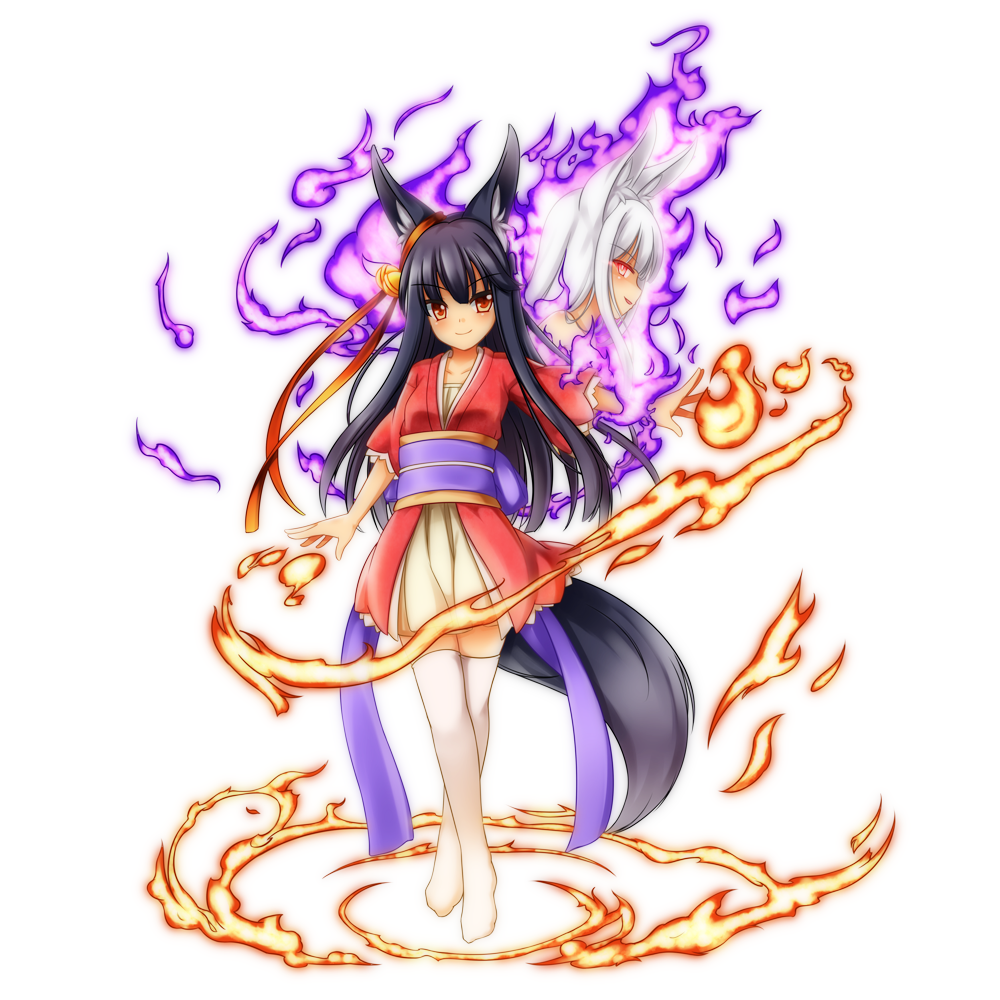 2girls, animal_ears, aura, bell, black_hair, crossed_legs, fire, fox_ears