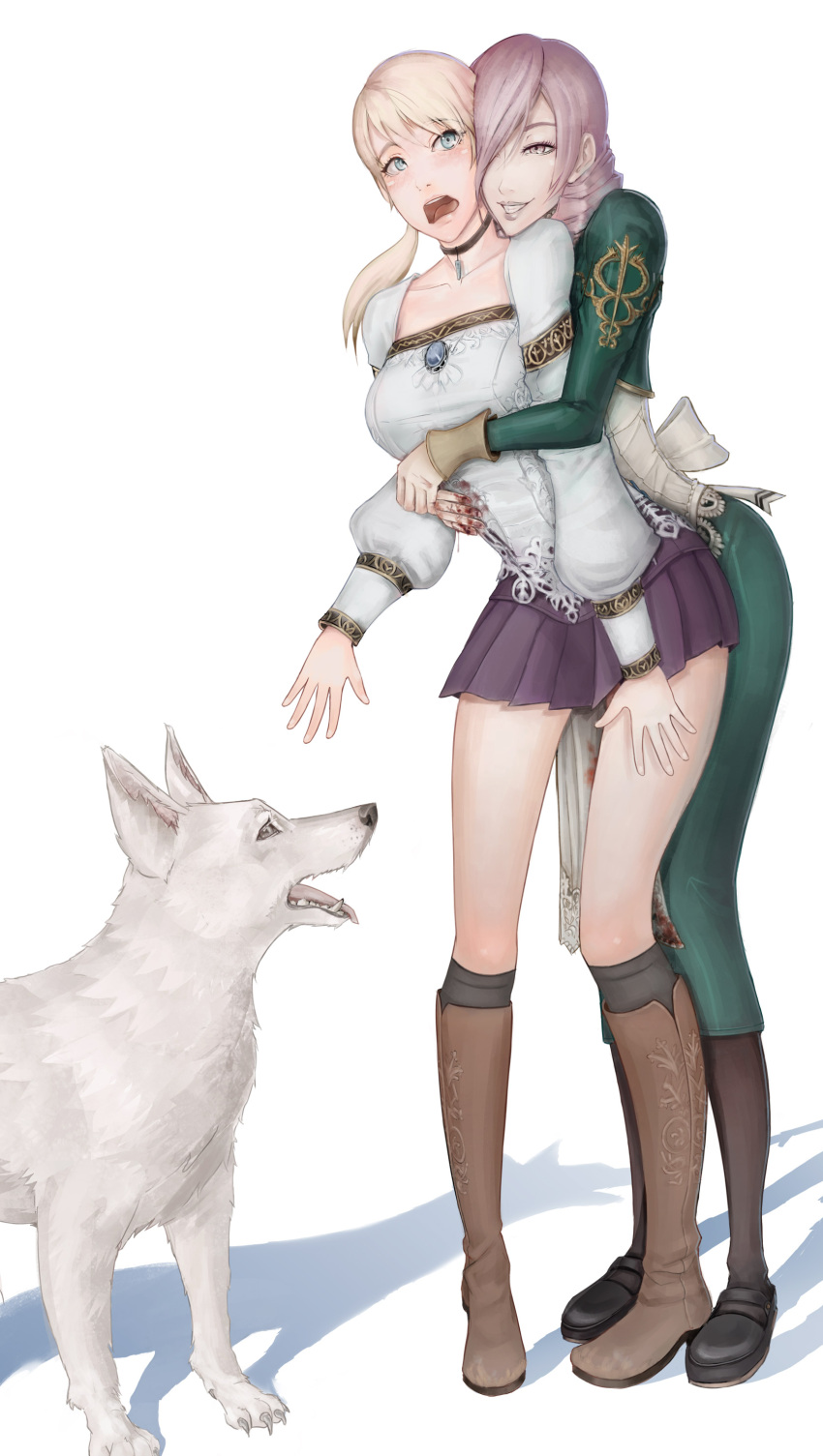 2girls, absurdres, apron, aqua_eyes, bangs, blonde_hair, blood, bloody_clothes, bloody_hands, blouse, blush, boots, bow, breasts, brooch, choker, collarbone, daniella, demento, dog, drill_hair, fiona_belli, grin, hair_over_one_eye, hewie, highres, hug, hug_from_behind, knee_boots, large_breasts, lips, lipstick, long_hair, maid, maid_apron, makeup, matching_hair/eyes, miniskirt, multiple_girls, pale_skin, pantyhose, pleated_skirt, ponytail, purple_lipstick, simple_background, skirt, smile, surprised, unsomnus, violet_eyes, white_background, wrist_cuffs