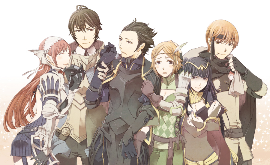 3boys, 3girls, ^_^, armor, bandana, black_hair, book, brown_eyes