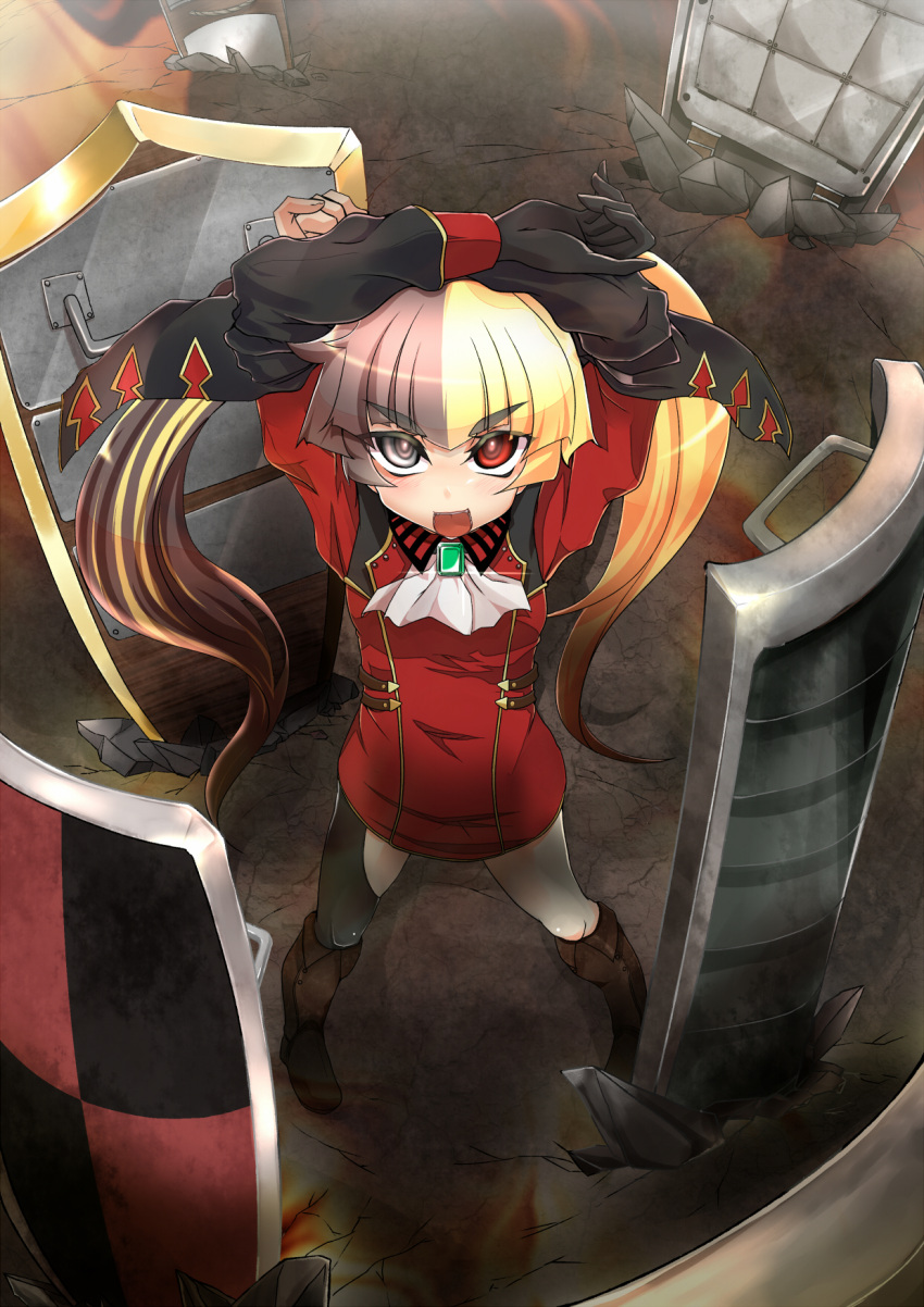 1girl, arms_up, commentary_request, from_above, heterochromia, highres, kurosawa-san, long_hair
