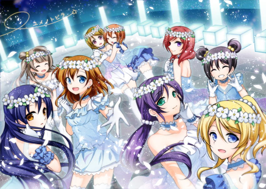 \m/, adjusting_hair, aoilio, ayase_eli, black_hair, blonde_hair, blue_eyes, blue_hair