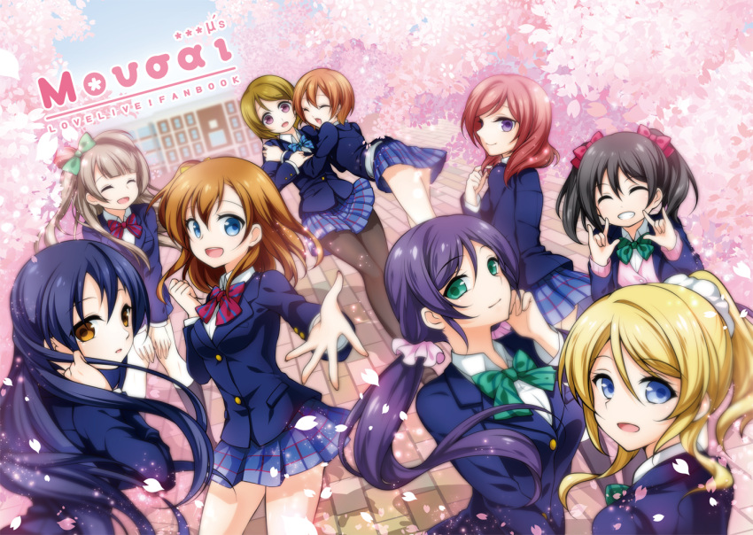 \m/, adjusting_hair, aoilio, ayase_eli, black_hair, blazer, blonde_hair, blue_eyes