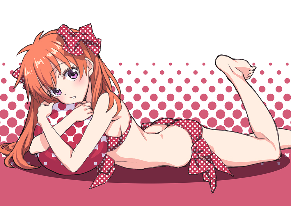 1girl, ball, bikini, blush, bow, gekkan_shoujo_nozaki-kun, hair_bow, halftone