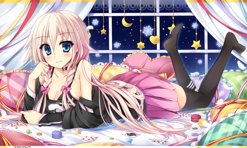1girl, bare_shoulders, bed, black_legwear, blonde_hair, blue_eyes, blush, braid