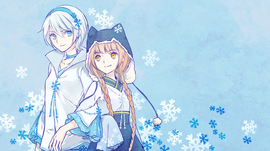 2girls, animal_ears, animal_hat, blue_eyes, braid, brown_eyes, brown_hair, cat_hat