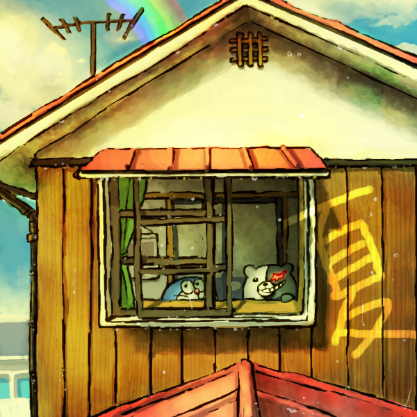 antennae, bear, cat, crossover, dangan_ronpa, doraemon, doraemon_(character), house