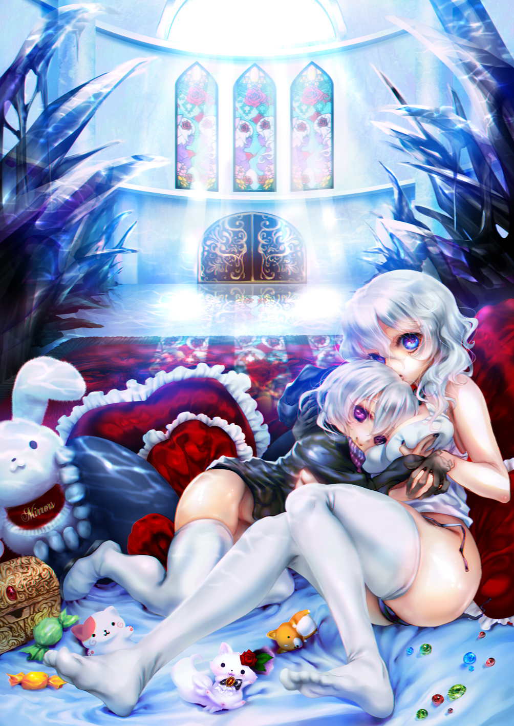 2girls, blue_eyes, breast_grab, breast_pillow, candy, heart, heart_pillow, highres
