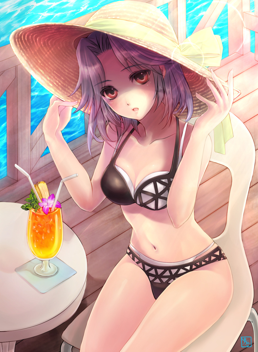 1girl, aosuna, bikini, drink, hands_on_headwear, hat, highres, kajiki_yumi