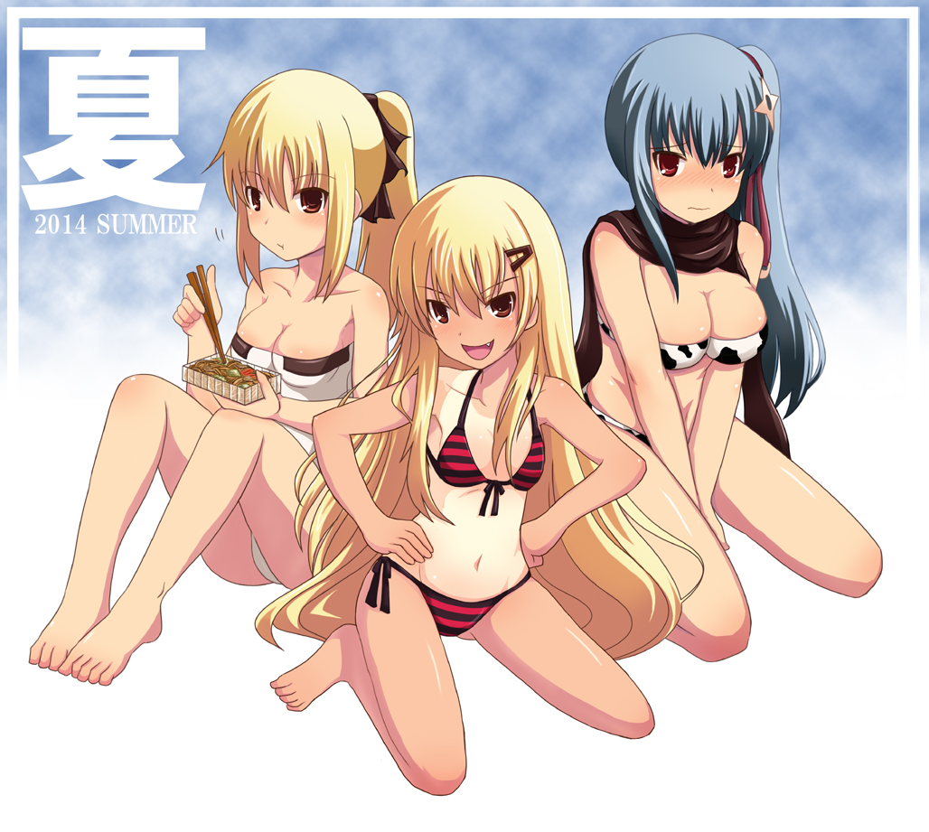3girls, bikini, blonde_hair, blue_hair, brown_eyes, chopsticks, cow_print, eigou