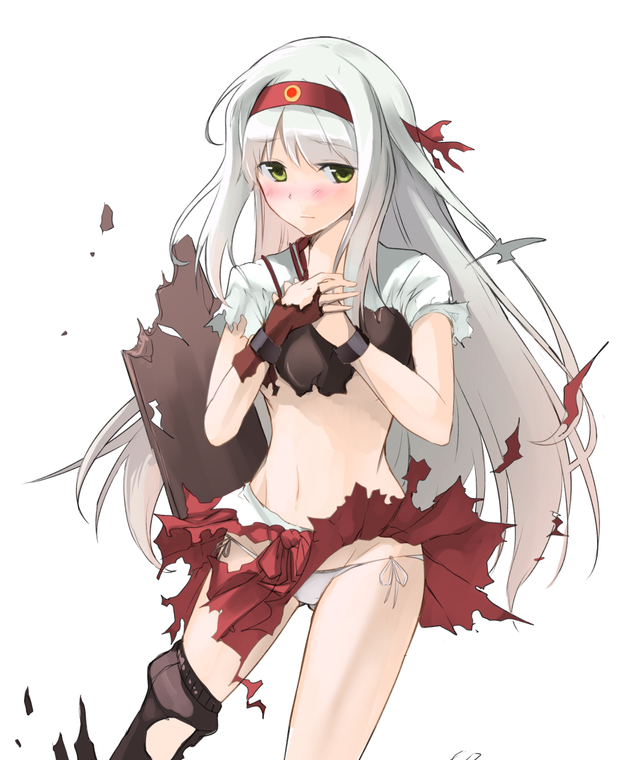 1girl, armor, blush, broken_armor, damaged, gloves, green_eyes, hairband, japanese_clothes, kantai_collection, long_hair, looking_at_viewer, mound_of_venus, muneate, navel, nueco, panties, shoukaku_(kantai_collection), solo, torn_clothes, underwear, white_hair