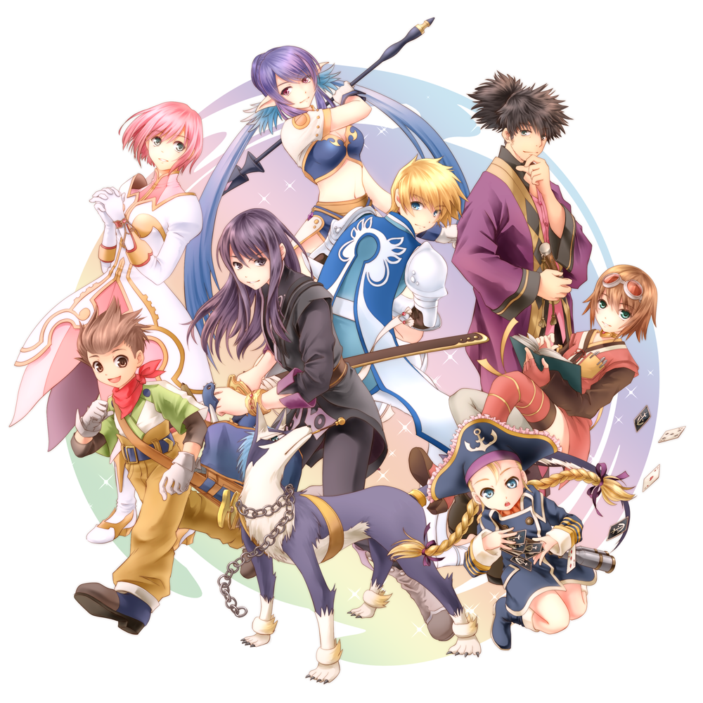 4boys, 4girls, armor, black_eyes, black_hair, blonde_hair, blue_eyes, blue_hair