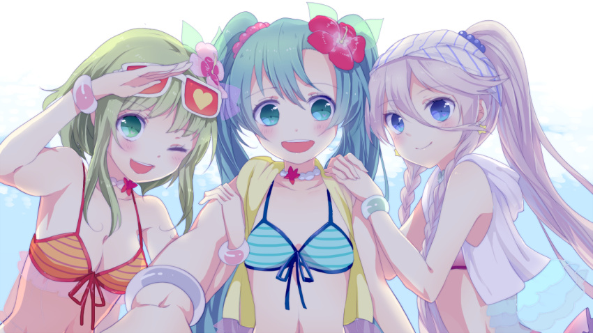 1girl, 2girls, aqua_hair, ayase_eli_(cosplay), bangle, bikini, blue_eyes, bracelet