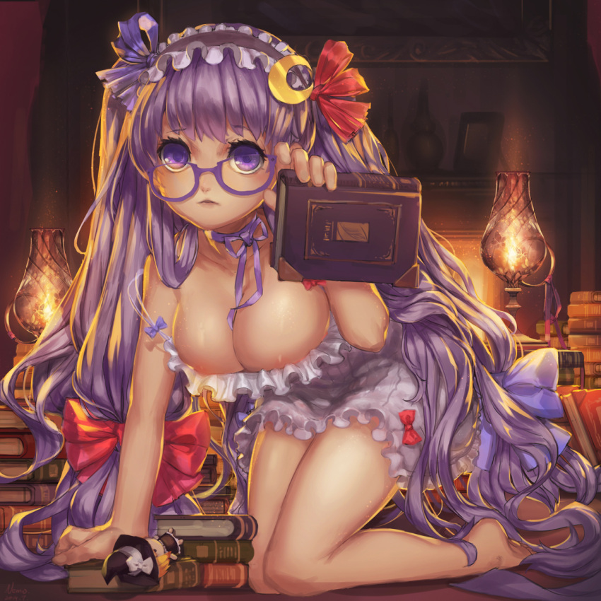 1girl, alternate_headwear, barefoot, book, book_stack, breasts, character_doll, cleavage