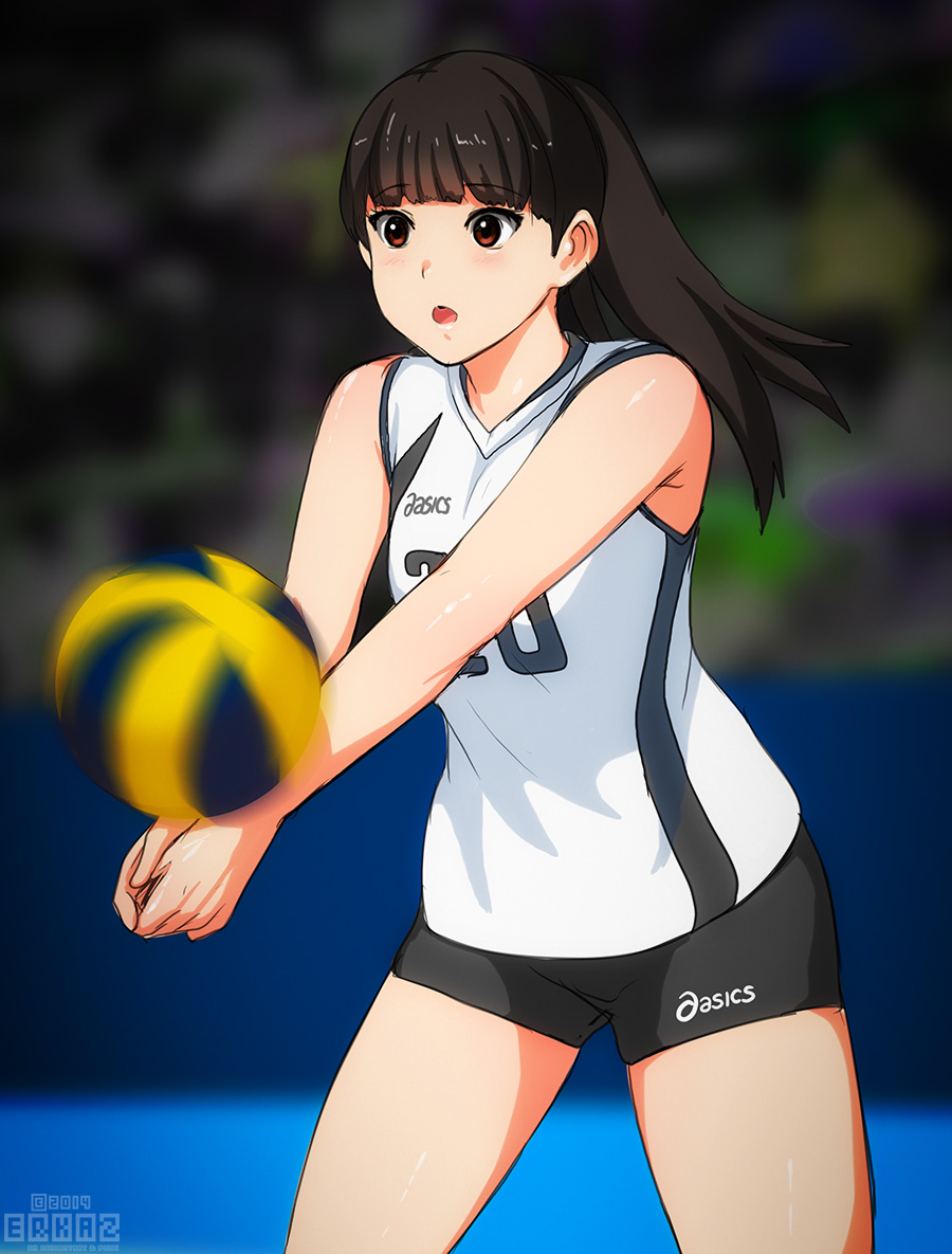 armpits, black_hair, erkaz, open_mouth, ponytail, real_life, sabina_altynbekova, shorts