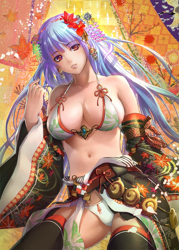 1girl, bikini_top, black_legwear, blue_hair, breasts, detached_sleeves, flower, hair_flower