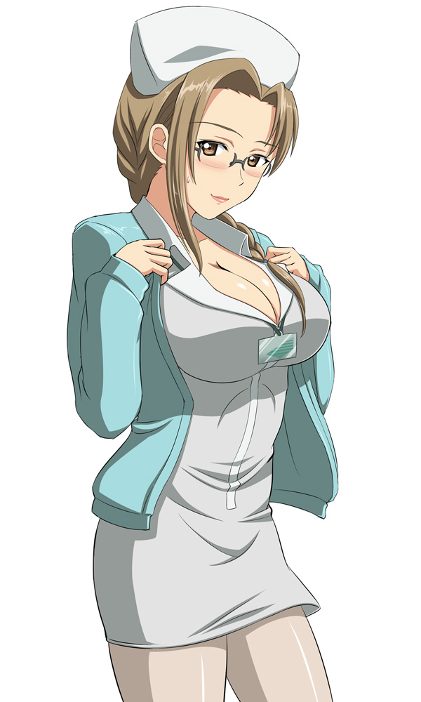 1girl, aki_natsuki, braid, breasts, brown_eyes, brown_hair, cleavage, glasses, hat, kishi_nisen, large_breasts, nurse, nurse_cap, sweater, sword_art_online