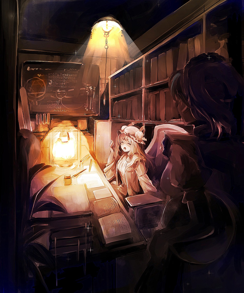 2girls, book, closed_eyes, haruhina_purple, hat, izayoi_sakuya, library, long_hair