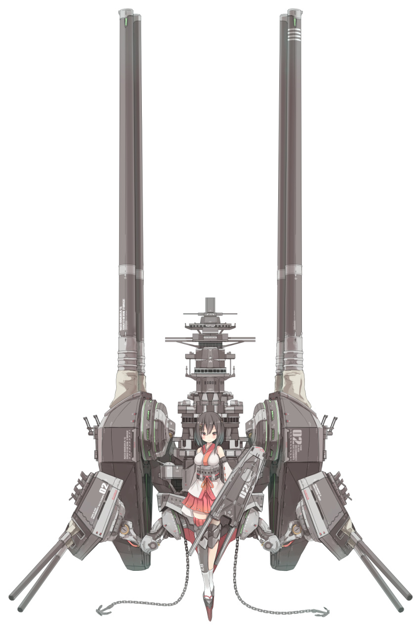 1girl, anchor, bare_shoulders, black_hair, blush, breasts, cannon, chain, detached_sleeves, five_star_stories, hair_ornament, highres, jagd_mirage, japanese_clothes, kantai_collection, mecha_musume, mortar_headd, nanashina, parody, red_eyes, short_hair, simple_background, skirt, smile, solo, white_background, yamashiro_(kantai_collection)
