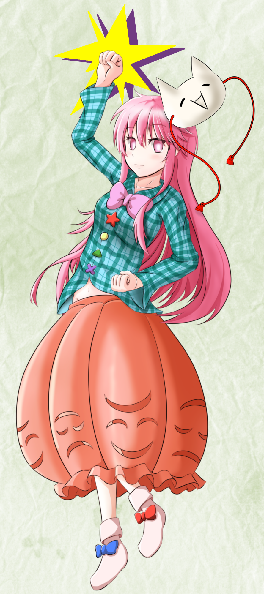 1girl, 2ch, bowtie, bubble_skirt, expressionless, hata_no_kokoro, highres, long_hair