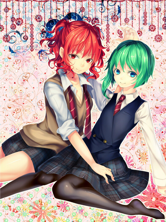 2girls, asymmetrical_hair, black_legwear, blue_eyes, contemporary, cover, cover_page, doujin_cover