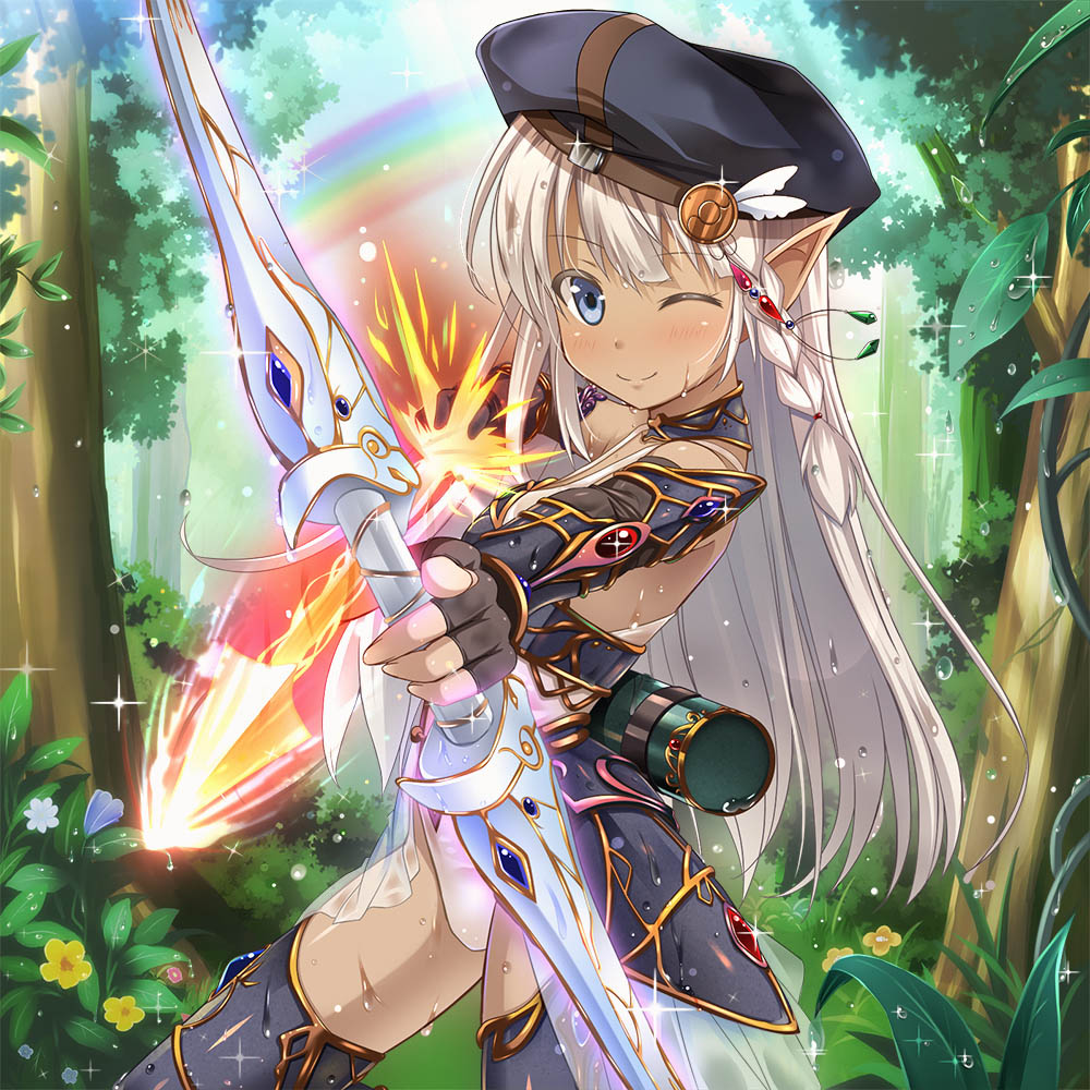 1girl, arrow, beret, blue_eyes, blush, bow_(weapon), braid, elbow_gloves