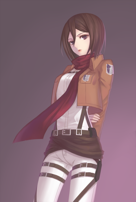 1girl, arm_grab, arms_behind_back, belt, brown_eyes, brown_hair, buckle, emblem