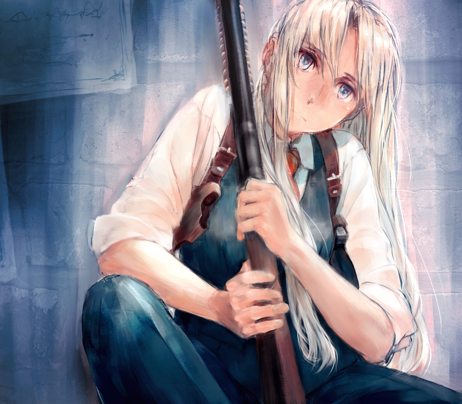 1girl, blonde_hair, blue_eyes, dark_skin, gun, gunslinger_girl, long_hair, necktie, shotgun, triela, weapon, yukiguni_(ykgn)